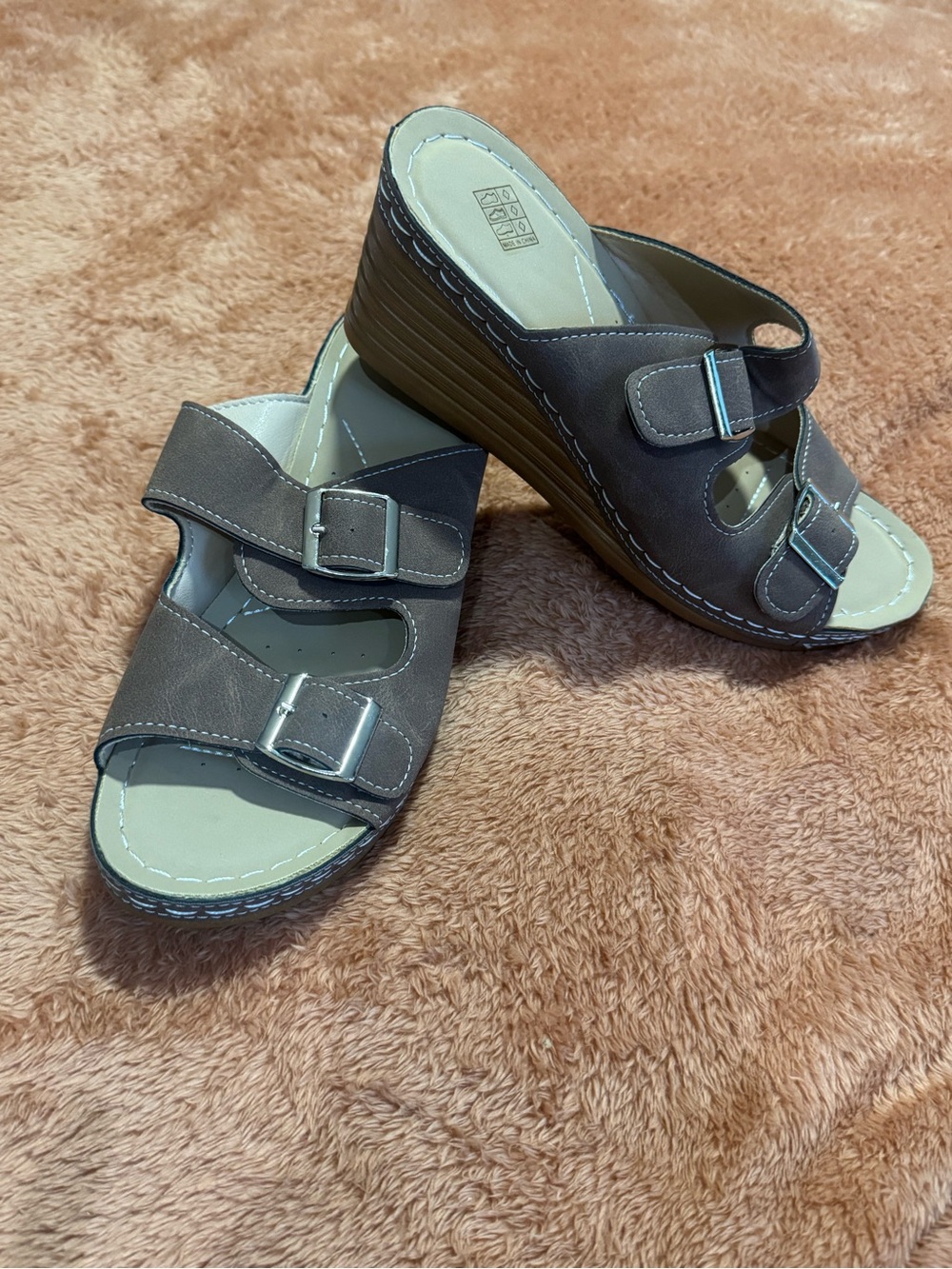 Women’s Brown Wedge Slide Sandals with Adjustable Buckles New Without Tags